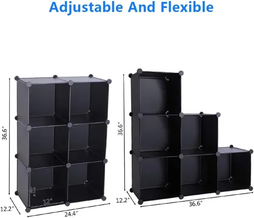Miniatura 4 de Organizador de armario de almacenamiento de 6 cubos, portátil, multifuncional, ensamblado, cubos negros, estantería, estantería (negro)