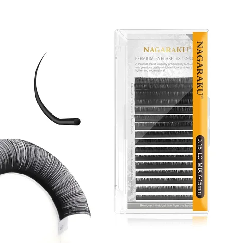 Miniatura 61 de NAGARAKU Extensiones de pestañas, pestañas individuales, 0.05mm, rizo D, 15mm, clásico, negro mate, suave, natural, profesional, 16 filas, 0.05-D