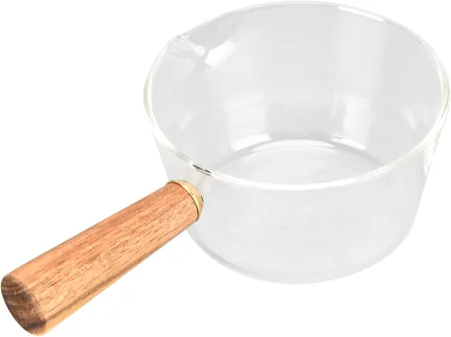 Miniatura 2 de Sartén para leche, olla de leche de vidrio con mango de madera antiadherente, con boquilla en forma de V, cacerola para cocinar, accesorios