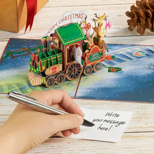 Miniatura 5 de POPWOW Tarjetas desplegables de tren de Navidad, Papá Noel, reno, tarjeta de felicitación de Navidad 3D, hermoso regalo para niños, marido, esposa