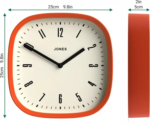 Miniatura 3 de JONES CLOCKS® Reloj de pared Marvel Reloj cuadrado redondo retro moderno 10 pulgadas naranja Aspecto de diseñador genial para cocina, sala