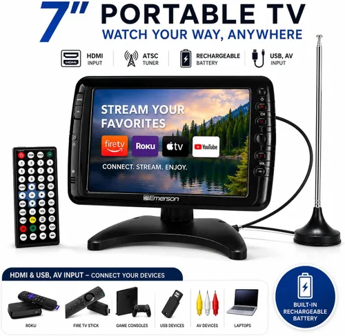 Miniatura 3 de Emerson Televisor portátil de 7 pulgadas con antena – Mini HDTV alimentado por batería recargable, sintonizador digital ATSC, entrada HDMI USB AV