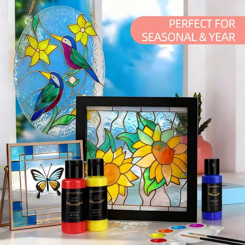 Miniatura 5 de Juego de Pintura para Vidrio de Colores de Colorful con 6 Pinceles, 1 Paleta y 1 Esponja, Kit de Pintura de Vidrio Permanente Impermeable de 14