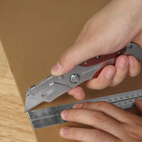 Miniatura 7 de WORKPRO - Cuchillo de uso de cambio rápido, mango de madera estilo retro, cuchillo plegable con clip
