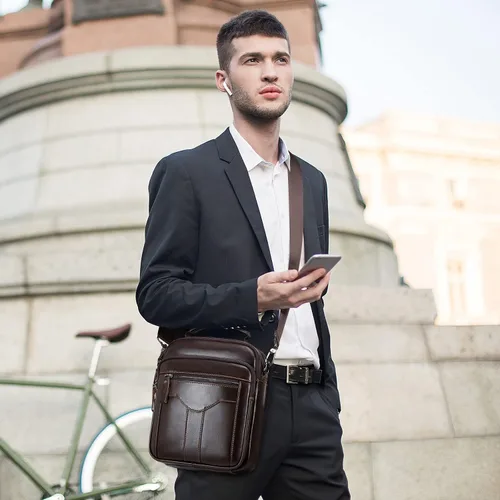 Miniatura 7 de BAIGIO Bolso bandolera de cuero genuino para hombre, bolso de mensajero pequeño para hombre, bolso de cuero para regalo de padre