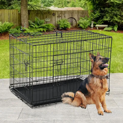 Miniatura 2 de BestPet Jaula para perros de 42 pulgadas Negro Perrera de metal plegable con puertas individuales, pestillos seguros de perno deslizante, 2-Negro