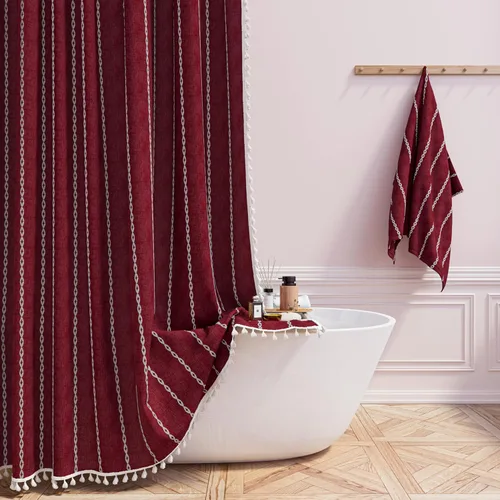 Miniatura 25 de BTTN - Cortina de ducha bohemia para cubículo de 36x72 - Juego de cortina de lino estrecha ultra gruesa con rayas y borlas, con 6 ganchos, cortinas