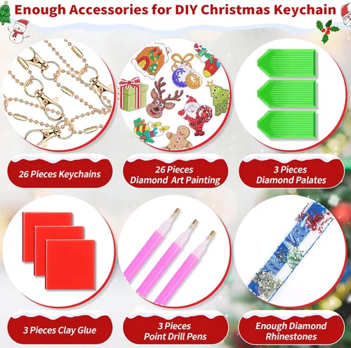Miniatura 6 de Qinzave 26 piezas de llavero de pintura de diamante de Navidad 5D llavero de arte de diamante, adorno de Navidad con diamantes de imitación