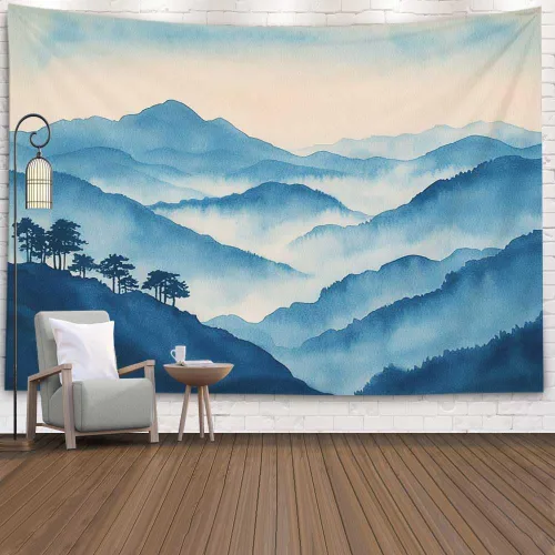 Miniatura 16 de EMMTEEY Tapiz de pared con bosque - Árbol de pino verde y niebla, arte de pared natural, 80x60 pulgadas, tapiz grande de estilo bohemio para sala
