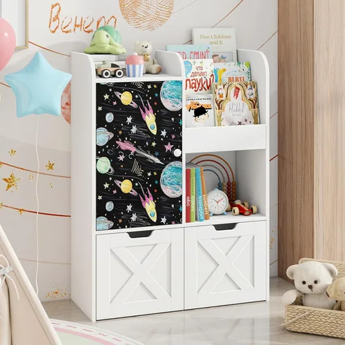 Miniatura 10 de Organizador de almacenamiento de juguetes para niños con rincón de lectura, estantería de madera para niños con pizarra y 2 cajones móviles, Roble