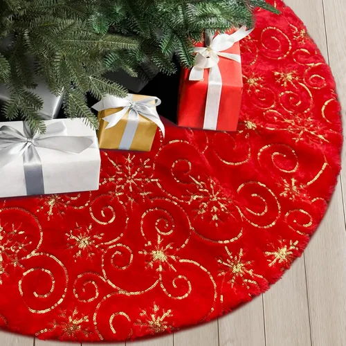 Miniatura 14 de Faldones de Felpa para Árbol de Navidad, 24 pulgadas, Lujosa Cubierta de Base de Árbol de Navidad de Piel Sintética Negra con Copos de Nieve Dorados