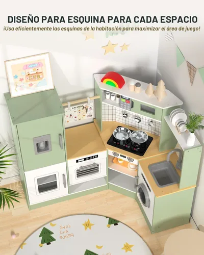 Miniatura 7 de Babytronic Juego de Cocina de Esquina de Madera para Niños con Luces y Sonidos, Juego de Cocina de Simulación con Estufa, Microondas, Máquina