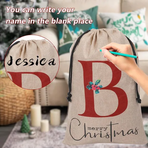 Miniatura 4 de Subyan Bolsa de regalo de Navidad de arpillera de 27 x 23 pulgadas, extra grande, reutilizable, personalizada, con monograma, con cordón