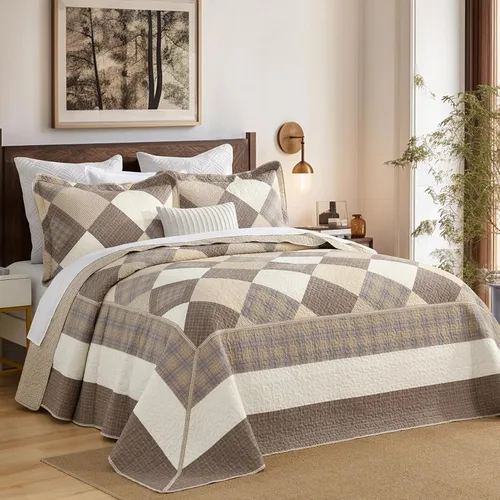Juego de ropa de cama de tamaño Queen grande, colcha de 120" x 102", 100% algodón, colcha acolchada ligera, juego de cubrecama de estilo rústico, 3