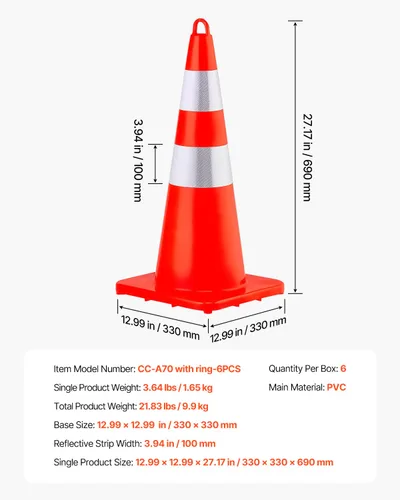 Miniatura 9 de VEVOR Conos de Seguridad, 6 x 28" Conos de Tráfico, Conos de Construcción Naranja de PVC, 2 Collares Reflectantes Conos de Tráfico con Base