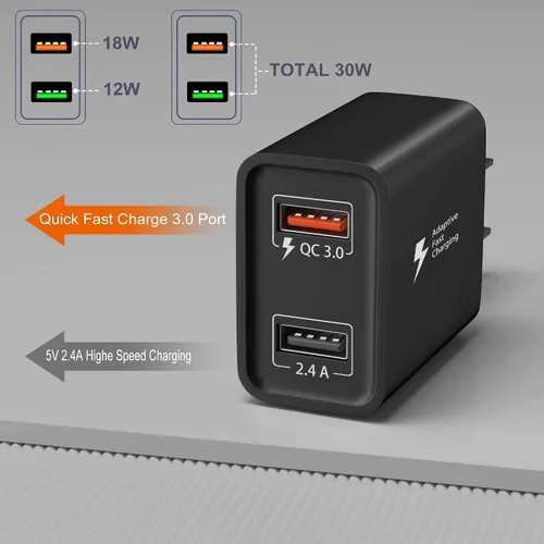 Miniatura 2 de Cargador de pared 3.0 de carga rápida rápida, Costyle 30 W, enchufe de pared USB de doble puerto, 5 V, 2.4 A, bloque de carga rápida de alta
