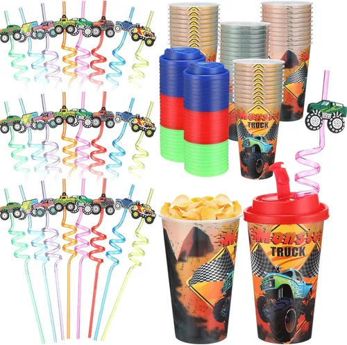 Miniatura 19 de Yungyan 16 juegos de tazas de golosinas con tapas y pajitas para decoraciones de cumpleaños, reutilizables, 16 onzas, vasos de plástico para dulces
