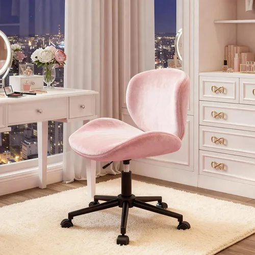 Miniatura 5 de DurayLoly Silla de tocador con ruedas, bonita silla de escritorio sin brazos con respaldo, silla de oficina pequeña giratoria de 360° en altura Rosa