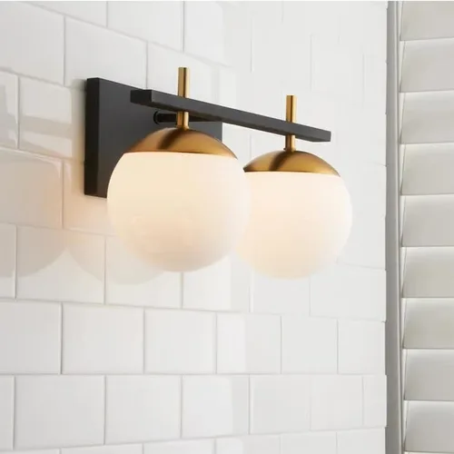 Miniatura 2 de 2 lámparas de baño, luz negra y dorada, luz de baño de mediados de siglo sobre espejo con pantalla de globo de vidrio blanco, apliques de pared