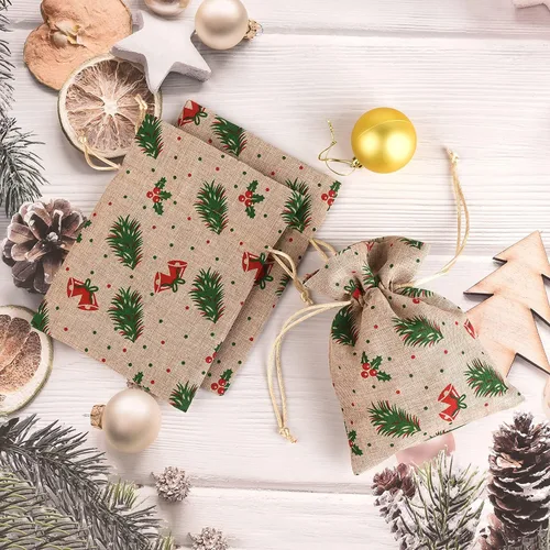 Miniatura 5 de XCFWin Paquete de 12 bolsas de regalo de Navidad con cordón, diseños reutilizables para suministros de fiesta de Navidad