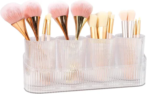DASITON Organizador de brochas de maquillaje con 4 tazas, soporte para brochas de maquillaje vintage a rayas para tocador, soportes para cepillos de