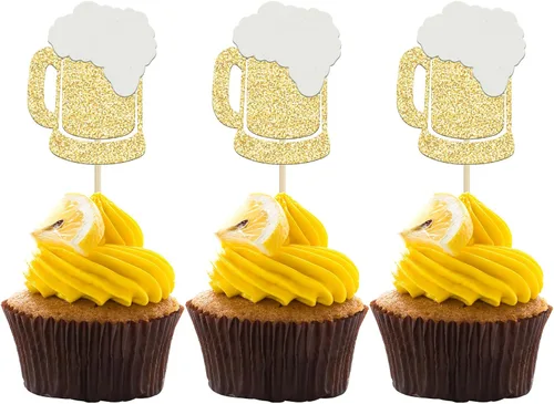Miniatura 10 de Gyufise 24 piezas de decoración para cupcakes de Cheers and Beers - Taza de cerveza con purpurina negra para cupcakes, baby shower, cumpleaños