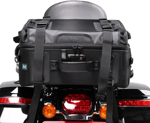 Bolsa trasera para motocicleta Niche Cruiser, de 44L para asiento trasero con cerradura de número TSA, equipaje de alta capacidad para viajes, bolsa