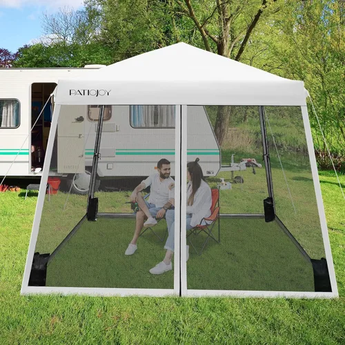 Miniatura 9 de Tangkula Toldo desplegable de 10 x 10 pies con red, toldo de pierna inclinada para exteriores con bolsa enrollable, 4 bolsas de arena, 8 estacas, 4