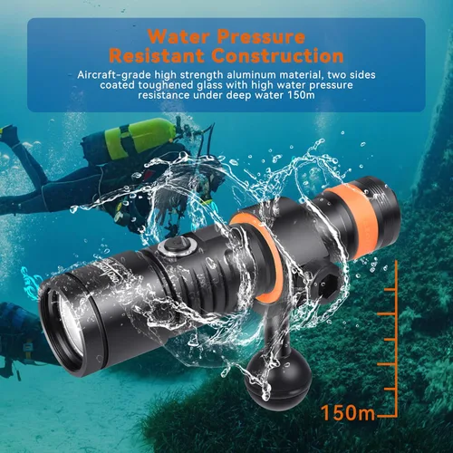 Miniatura 5 de ORCATORCH D530V 1200 lúmenes de luz de video subacuática, linterna de buceo de haz súper ancho de 120°, 2 modos con rótula ZJ18, IP68 impermeable