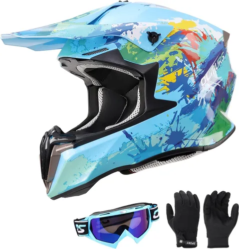 Dirt Bike Helmet for Kids with Goggles & Gloves for 8-18 Years Old Boys & Girls, DOT Certified Kid ATV Helmet Motocross Off Road Azul Splash