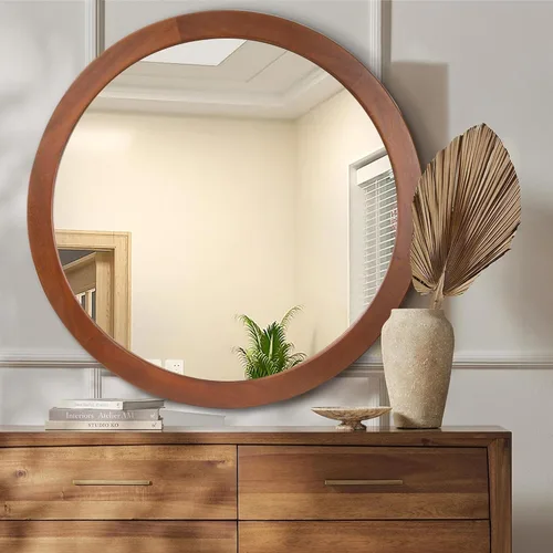 Miniatura 4 de CULER Espejo Redondo de 36 Pulgadas, Espejo de Pared Templado Rústico de Baño con Marco de Madera de Nogal, Espejos Circulares de Madera