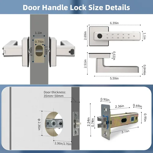 Miniatura 5 de Cerradura de manija de puerta de huellas dactilares, cerradura de puerta delantera sin llave con teclado, cerraduras inteligentes para puertas