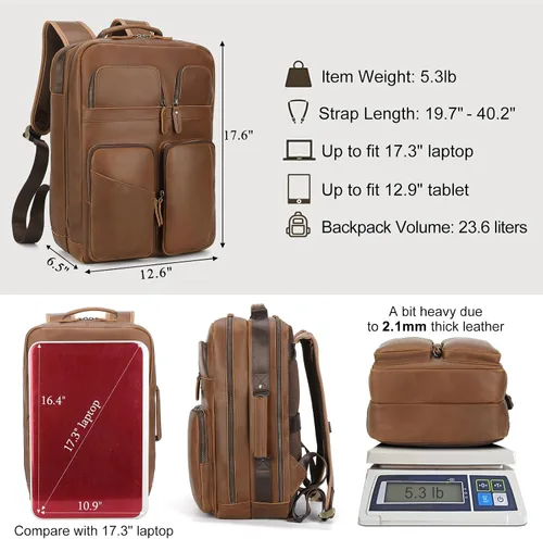 Miniatura 3 de TIDING Mochila para portátil de cuero de grano completo de 17.3 pulgadas para hombres, multibolsillos, casual, mochila de viaje de negocios, Marrón