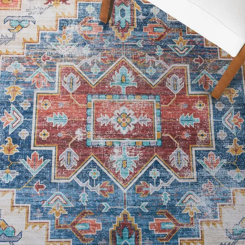 Miniatura 6 de SAFAVIEH Alfombra lavable Tucson Collection - 2 pies 6 pulgadas x 4 pies, azul y al óxido, antideslizante y fácil de limpiar, ideal para sala