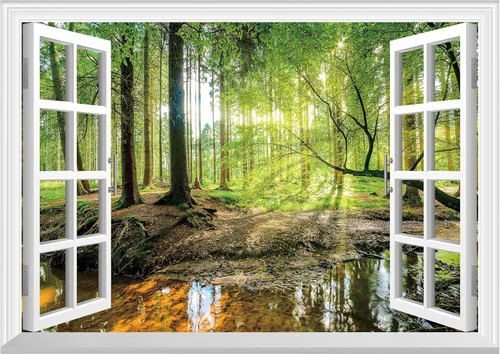 Miniatura 11 de FLFK Adhesivo de Pared de Ventana Falsa - Lagos en la Selva Mural de Pared de Ventana Falsa para Decoración de Pared, Calcomanías de Pared