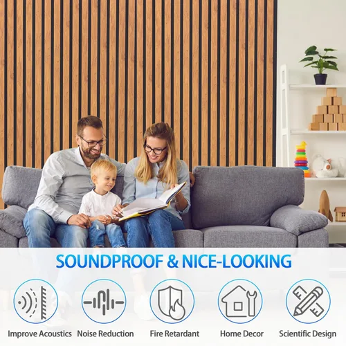 Miniatura 4 de Paneles de pared acústicos 3D con listones y acabado en madera, paquete de 2 paneles de absorción de sonido para estudio, oficina, sala de estar