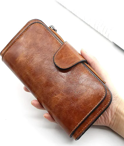 Miniatura 2 de Cartera de cuero para mujer, monedero de embrague para tarjetas de crédito, soporte para monedas, plegable, Cera de Aceite Marrón, Classic