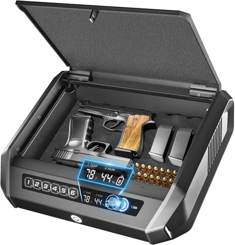 Caja fuerte para armas con pantalla LCD, ≤0.1s de acceso rápido grande para pistola de 2 a 4 pistolas, caja de bloqueo de pistola de mano con huella