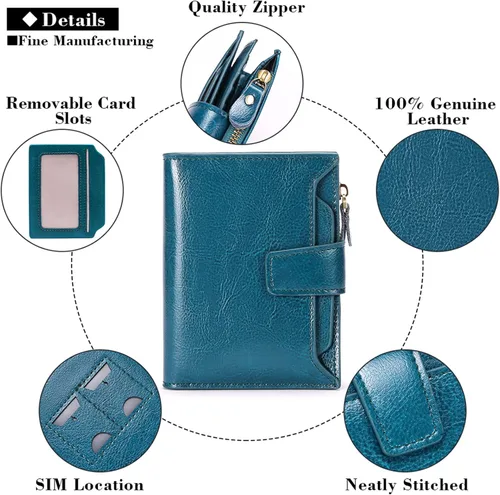 Miniatura 5 de FALAN MULE - Cartera de cuero auténtico para mujer, pequeña plegable , compacta, con interferencia de radiofrecuencia (RFID)