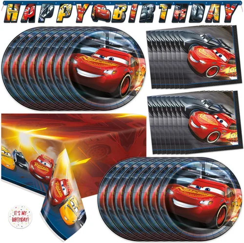 Decoraciones de Cumpleaños de Disney Cars | Decoraciones de Cumpleaños de Lightning McQueen | Sirve para 16 | Bandera, Mantel, Platos, Servilletas,