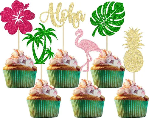 Miniatura 14 de 24 piezas inspiradas en Mo para cupcakes de cumpleaños con purpurina de hoja de palma, flor de moana, decoración de fiesta de cumpleaños hawaiana