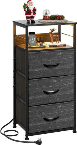Miniatura 8 de WLIVE Mesita de noche con estación de carga, mesita de noche de 31.9" de altura con 3 cajones de tela, mesa de noche con LED con puertos USB