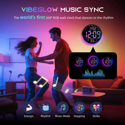 Miniatura 4 de EASYERA Reloj de pared digital grande de 10 pulgadas con control remoto, sincronización de música, luz de atmósfera RGB, baja reflectancia