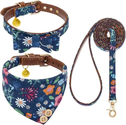 Miniatura 27 de EXPAWLORER Juego de collar y correa para perro - Corbata de moño clásica a cuadros para perro y collar bandana para perro con campana, correa