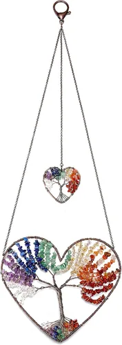 Miniatura 2 de Jovivi Paquete – 2 artículos de adorno colgante de árbol de la vida de doble corazón, 7 chakras reiki curativo percha + 7 chakras árbol de la vida