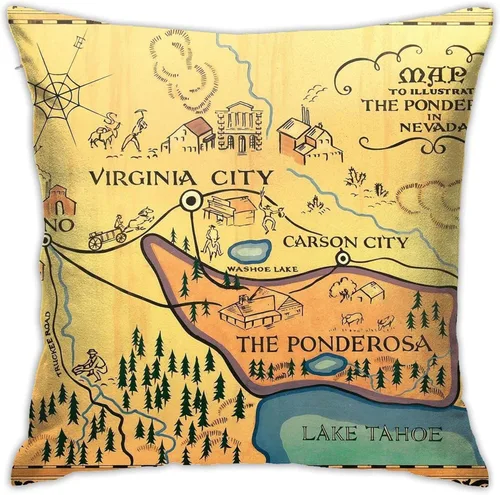 Funda de almohada con diseño de mapa de la ponderosa de Bonanza, acogedora funda de almohada cuadrada, decoración del hogar para cama, sofá, sala de