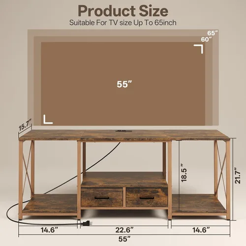 Miniatura 2 de LED TV Stand with 2 Fabric Drawer - 55" Industrial TV Console Table with Open Storage Shelves for Living Room,Bedroom, Entertainment Center TV
