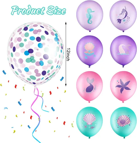 Miniatura 2 de Zomiboo Juego de 36 globos de sirena de 12 pulgadas, globos de confeti de sirena, morado, rosa, verde, verde azulado para niños, princesa, niña