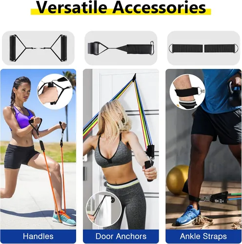 Miniatura 3 de Resistance Bands Set (12pcs), Workout Bands with Handles, Door Anchor, Ankle Straps and Carry Bag, Exercise Bands for Shape Body and Home Workouts