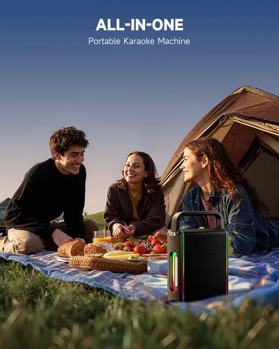 Miniatura 7 de Moukey MPS5 - Máquina de karaoke portátil, altavoz recargable de 200 W de potencia máxima con 2 micrófonos inalámbricos y correa, compatible con BT